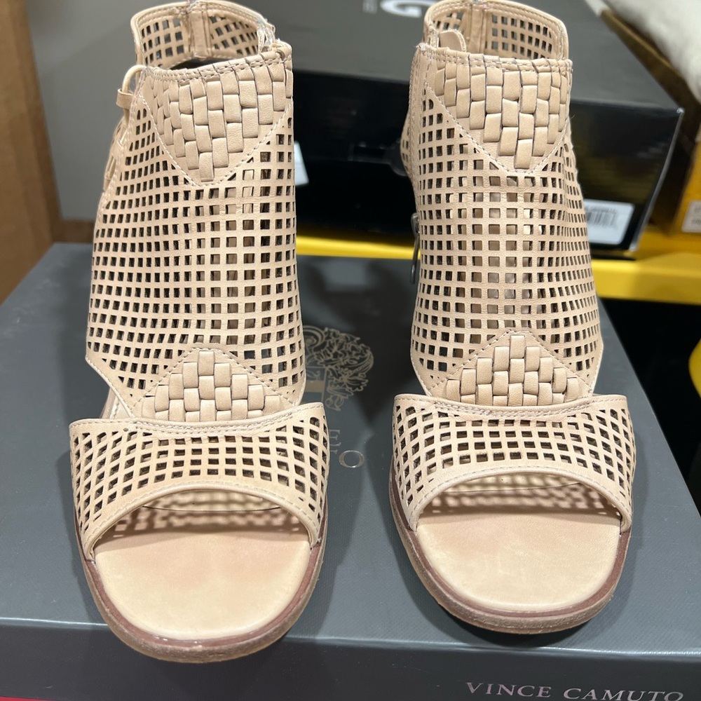 Vince Camuto Tan Block Heel Sandals with Woven Design